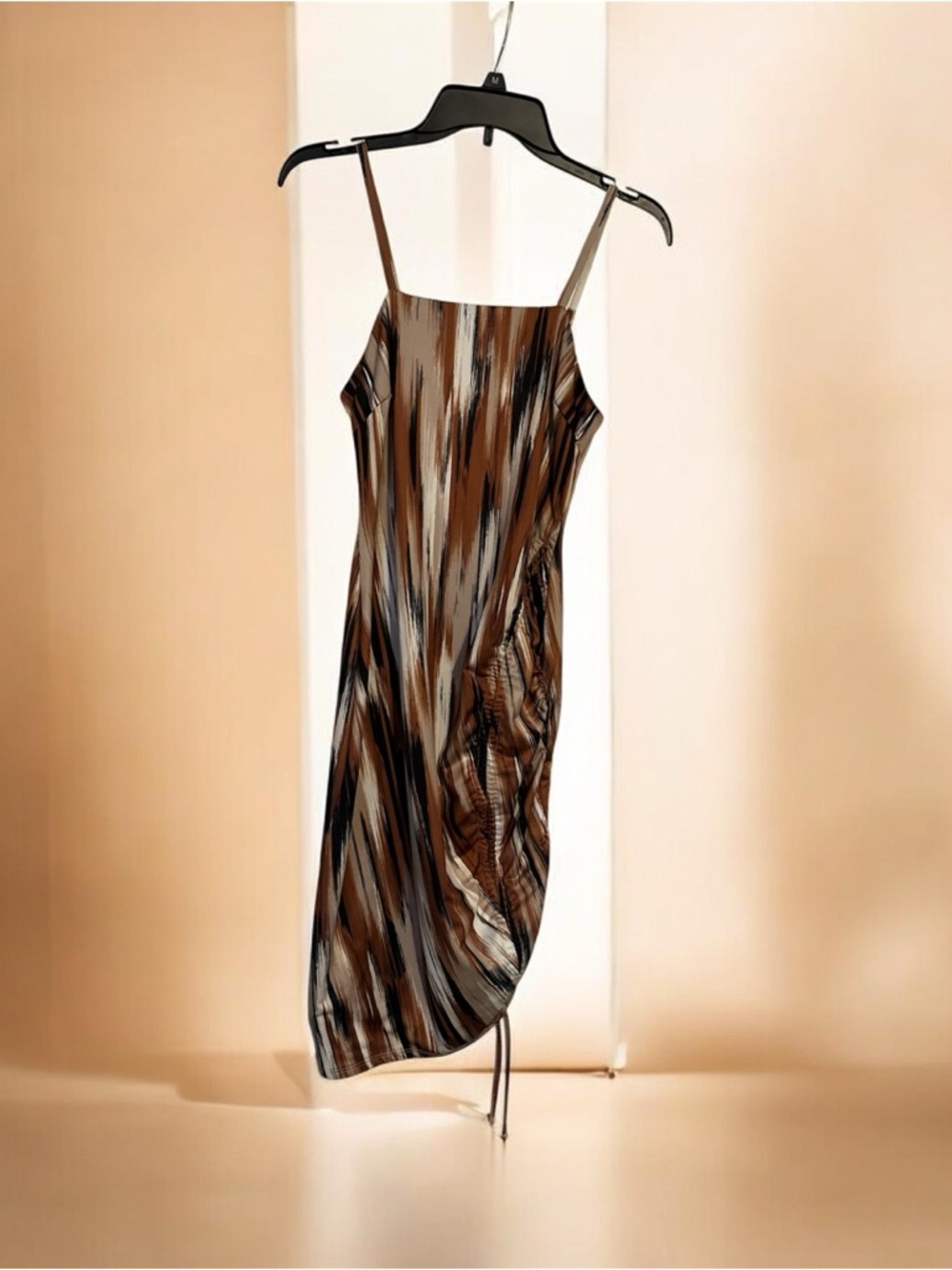 Small Madden NYC abstract print slip dress satin cami midi w/ side ruched detail